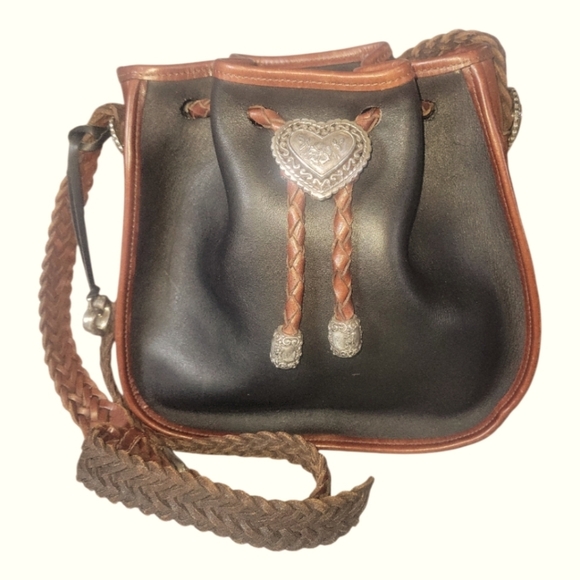 Brighton Vintage Outwest Black and Brown Leather Drawstring Bucket Bag - Picture 1 of 10